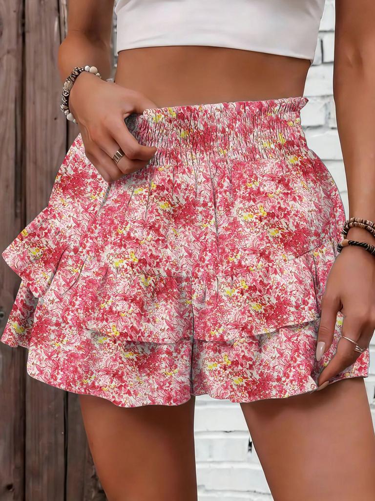 Women High Waist Smocked Ruffle Skort Layered Tiered Casual Summer Wide Leg Shorts Skirt