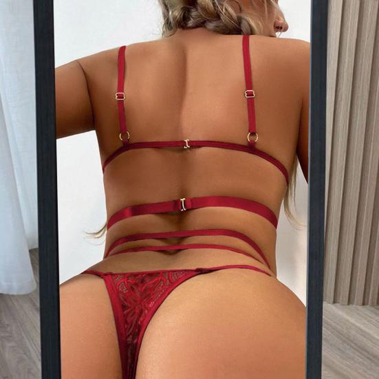 2 Pcs/Set Bra Briefs Set See-through Lace Embroidery Hollow Out Multi Straps Solid Color Thin High Waist Night Honeymoon Valentines Day Underwear Set