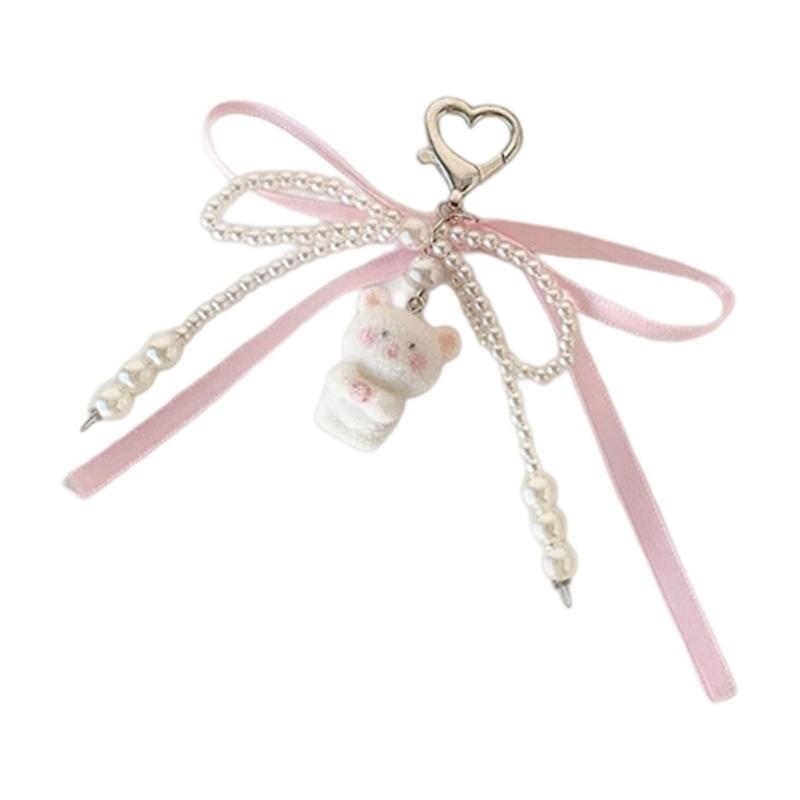 

Stylish Flocking Bear Keychain With Pearls Accent and Ribbon Bowknot Stylish Purse Or Car Key Holder Accessory