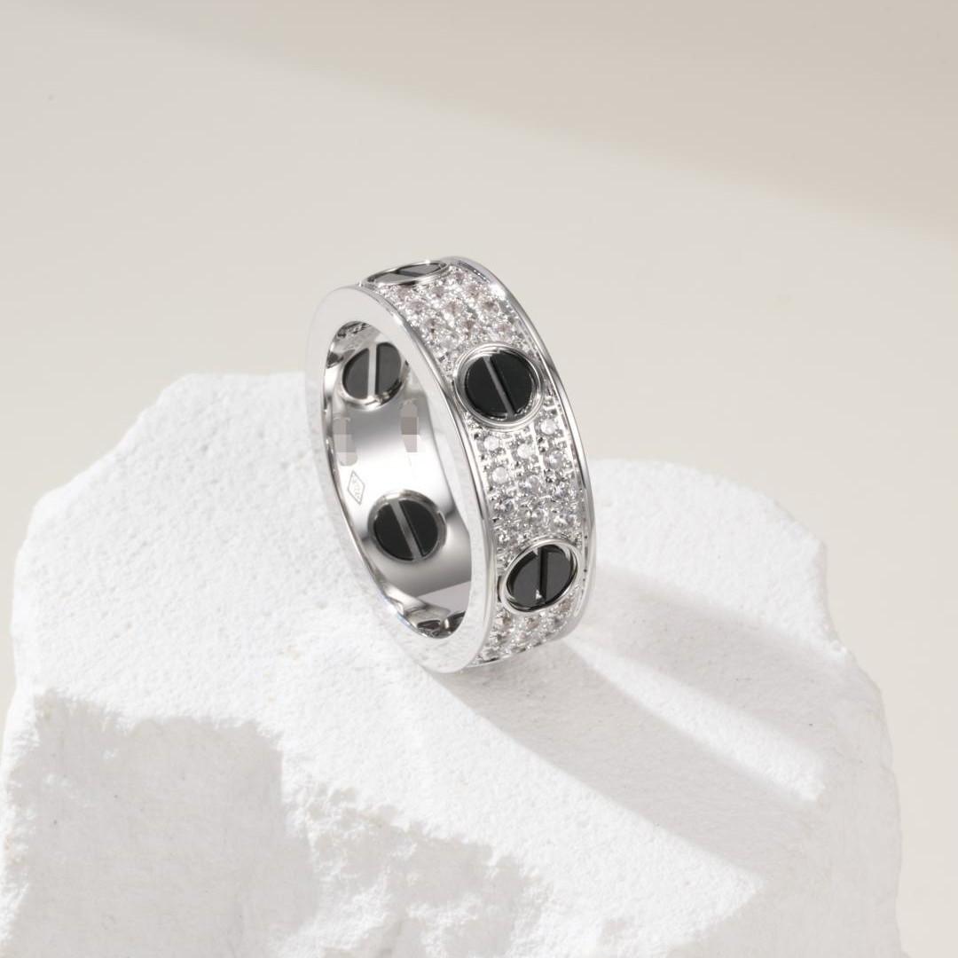 

Full Diamond Love Black Nail Ring White Gold Hand-set Diamond European and American Ring Does Not Fade No. 10