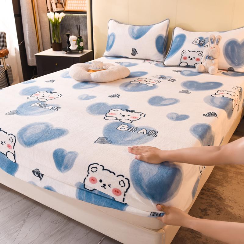 Winter Warm Thicken Flannel Elastic Fitted Sheet Mattress Protector Cover Cartoon Print Plush Soft Cozy Bed Sheet Home Decor