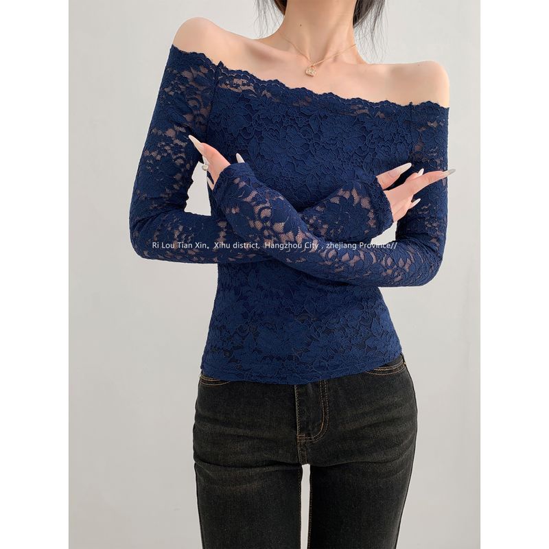 

[Tipsy Date] off-Shoulder off-Shoulder Lace Cut Out Bottoming Shirt for Women Spring Silm Waist-Controlled Slimming Long Sleeve Tops Tibetan Blue S