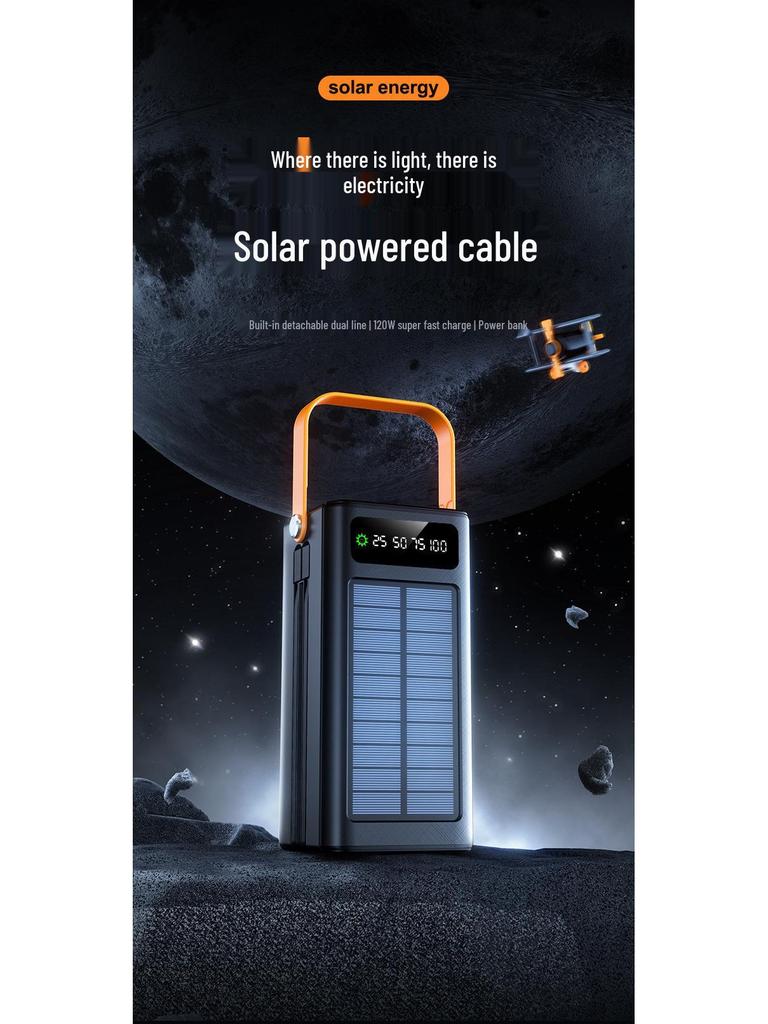 Large-Capacity 120W Solar Power Bank with 100,000mAh and Built-in Fast Charging Cable for Outdoor Use