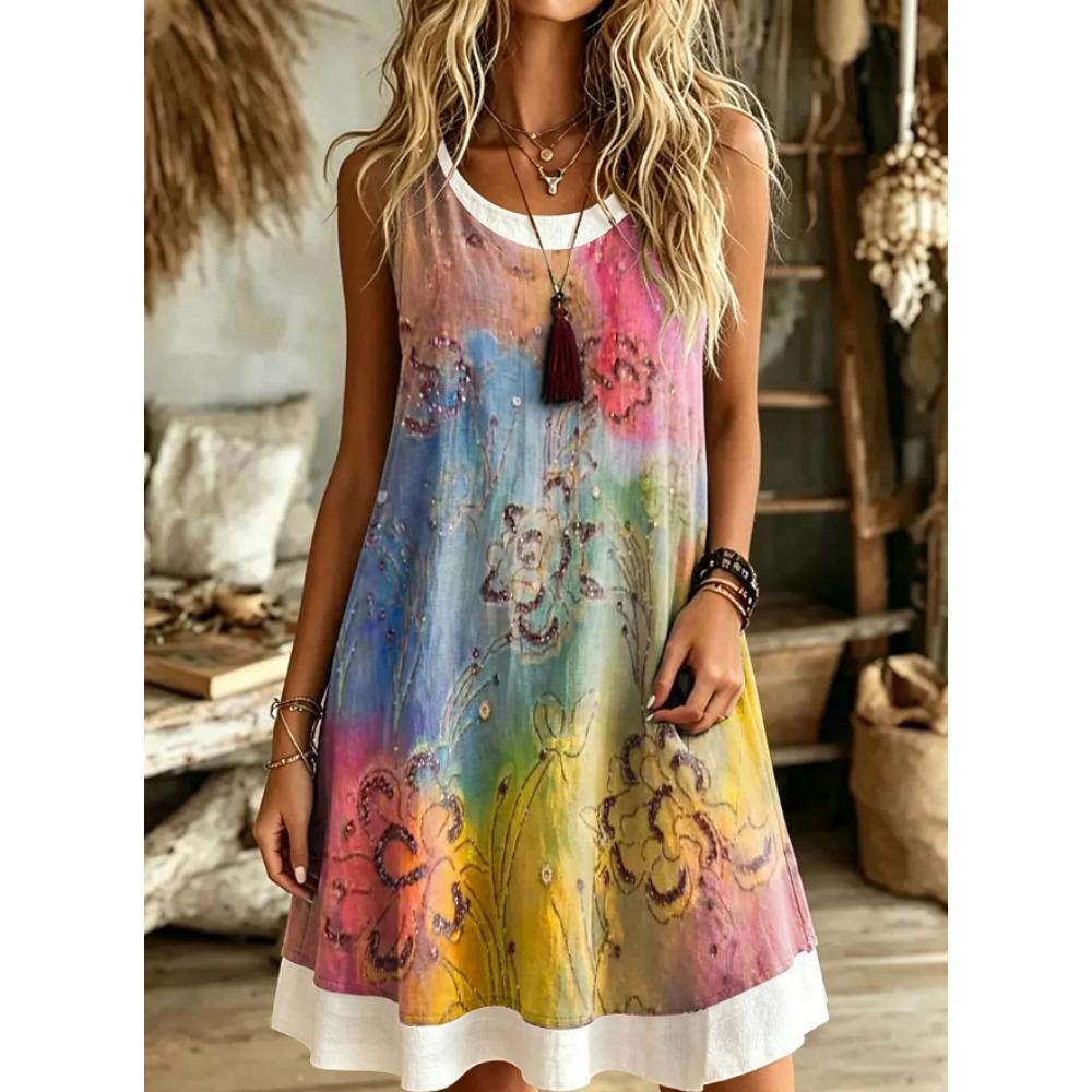 Women's Vintage Pattern Printed Sleeveless Round Neck Dress Loose Soft and Comfortable Plus Size Dress