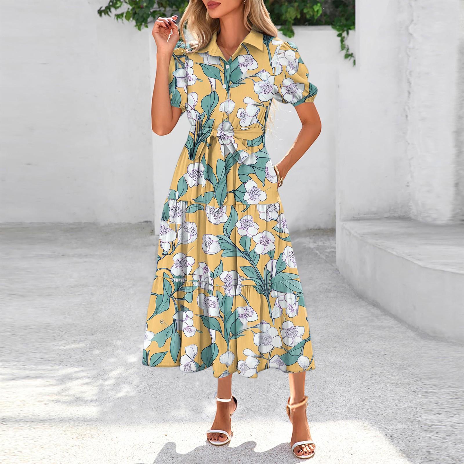 

Womens Summer Dresses Short Sleeve Button Tie Waist Boho Flowy Maxi Dress XL жовтий