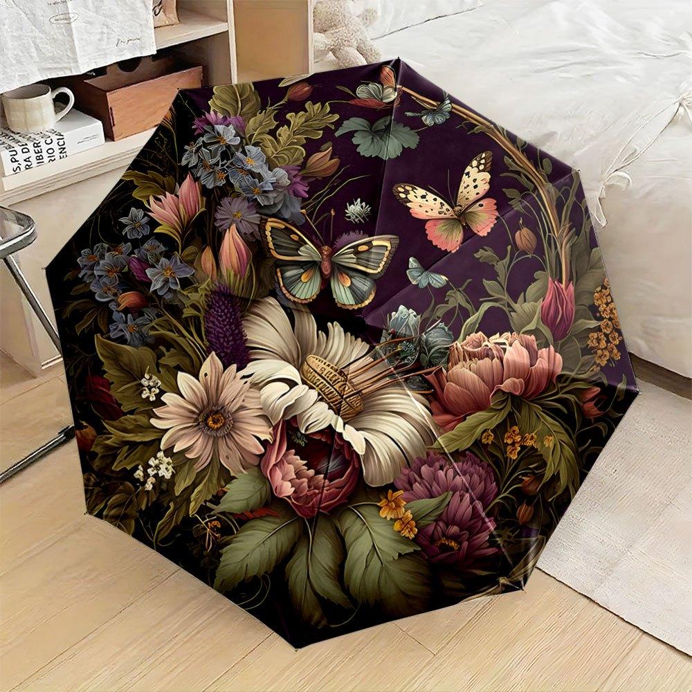 Automatic Folding Umbrella with Self-Opening Closing Button - 8-Rib Compact Portable Collapsible Design,Burgundy&Golden Fl