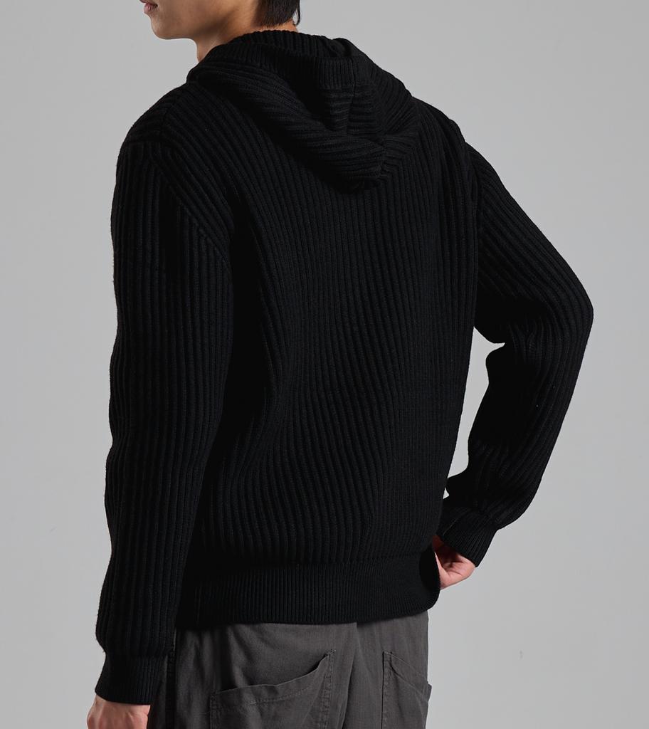 Button Seoul Minimal Hooded Zip-Up Knit Cardigan (Black)