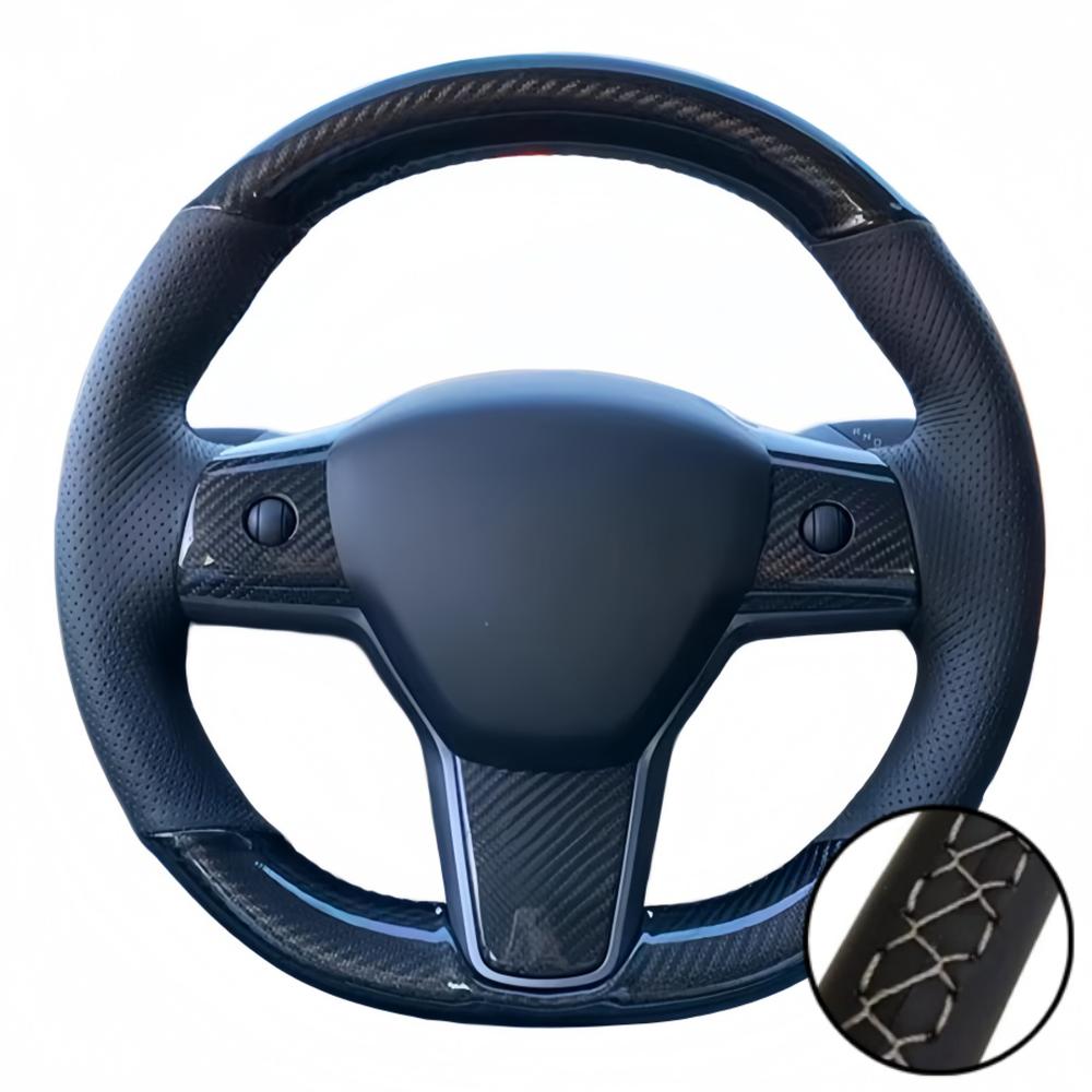 Car Accessories Hand Stitched Black Non-slip Carbon Fiber Leather Model Y 2017- Steering Wheel Cover For Tesla Model 3