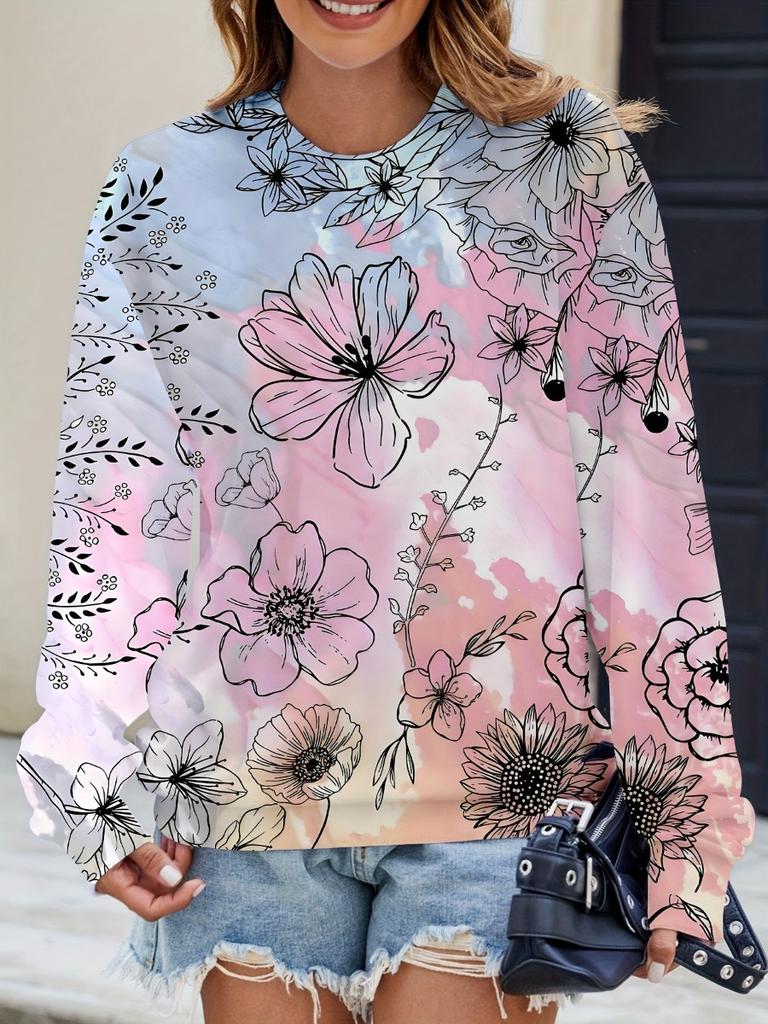 Neues Damen Buntes Schillerndes Blumenmuster Rundhals Sweatshirt Leicht Bequem Lässig Locker Übergröße Langärmliger Pullover