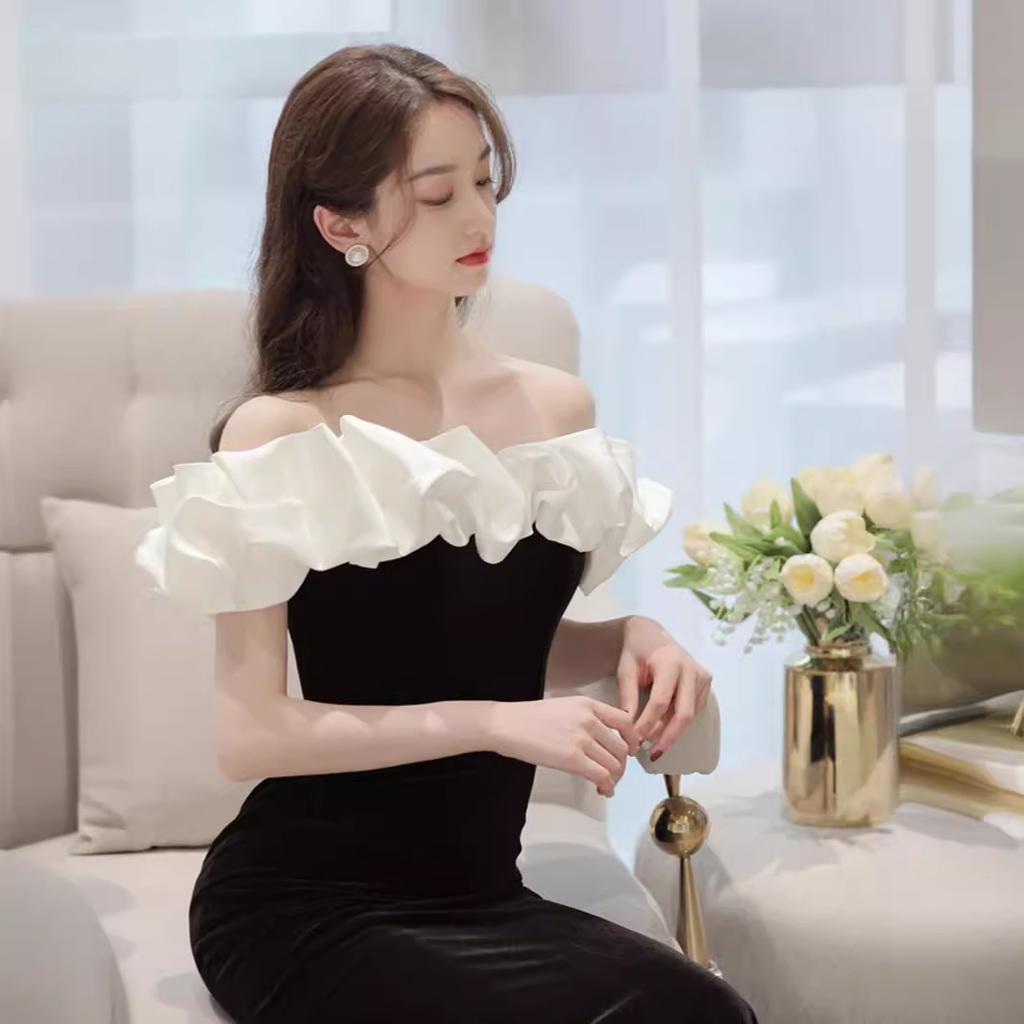 French Black Evening Dress One-word Shoulder High-end Temperament Thin Celebrity Bar Mitzvah Fish Tail Long Dress Women