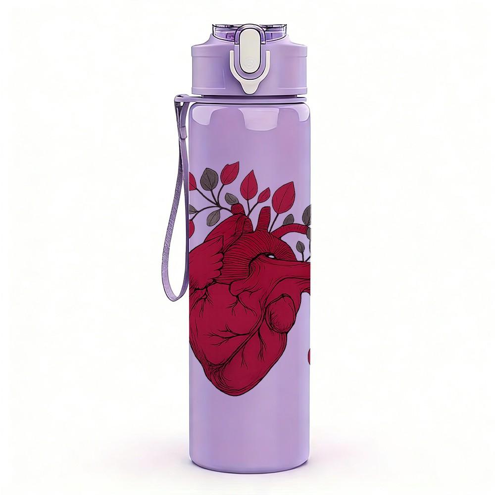 1PC Human Heart Floral Print 750ml Color Plastic Sports Water Bottle Leakproof Flip Straw Lid Suitable for Sports Office Home Use