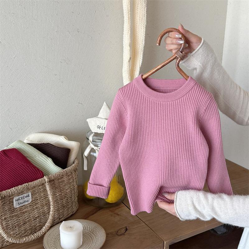 Klučičí a dívčí pletené svetry, univerzální strečové svetry pro dětské oblečení s dlouhým rukávem, jednobarevné, žebrované dětské svetry