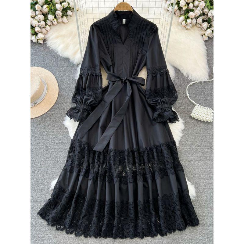 Fashion Socialite Temperament Long Sleeve V Neck Pleated Waist Tight Slim Looking A- line Cut Out Lace Dress Elegance Large Swing Dress