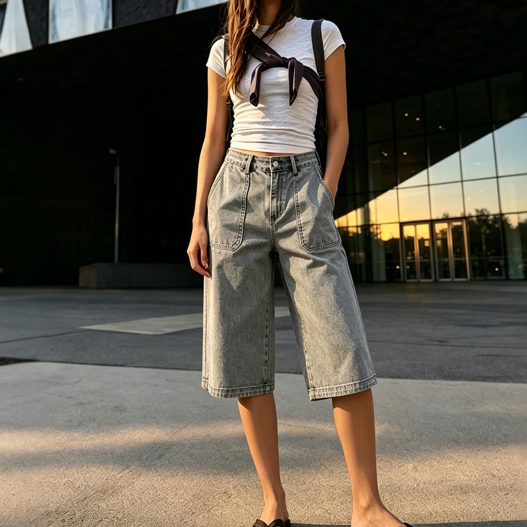 Women's High- Wide-Leg Cropped Jeans, Color Loose-Fit Straight-Cut Denim Pants