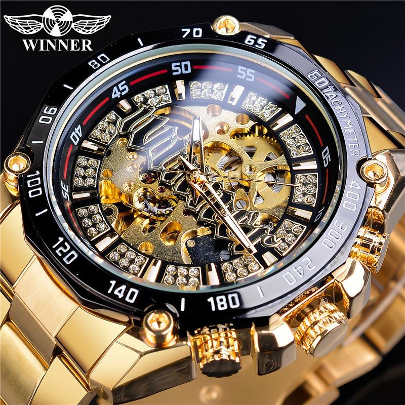 Moda Vincitore Top Brand Uomo Casual Scheletrato Automatico Meccanico Cinturino Completamente in Acciaio Inossidabile Lusso Dorato Orologi da Business