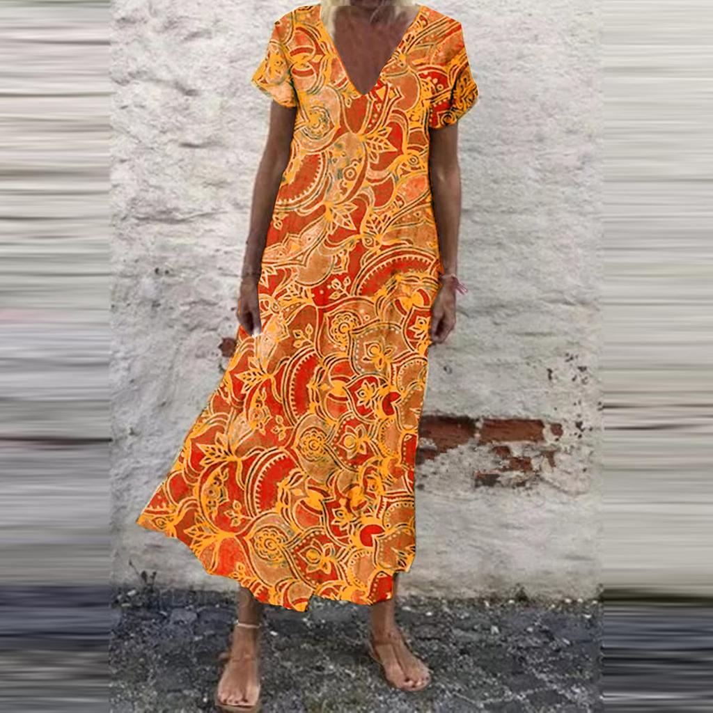 Women's Short Sleeve Maxi Dress Casual Beach Summer Dress V Neck Printed Dress Elegant Dress Dress Loose Dress Boho Dress