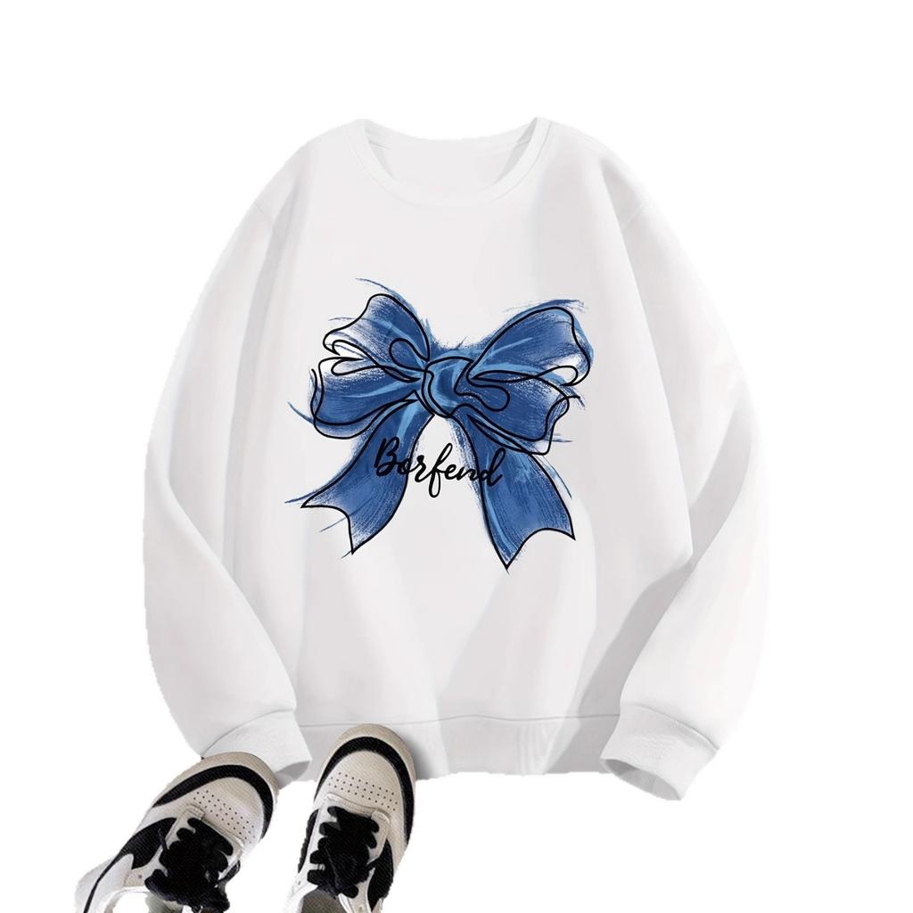 Girls' Blue Bow-patterned Pullover, Autumn Children's Casual Pullover