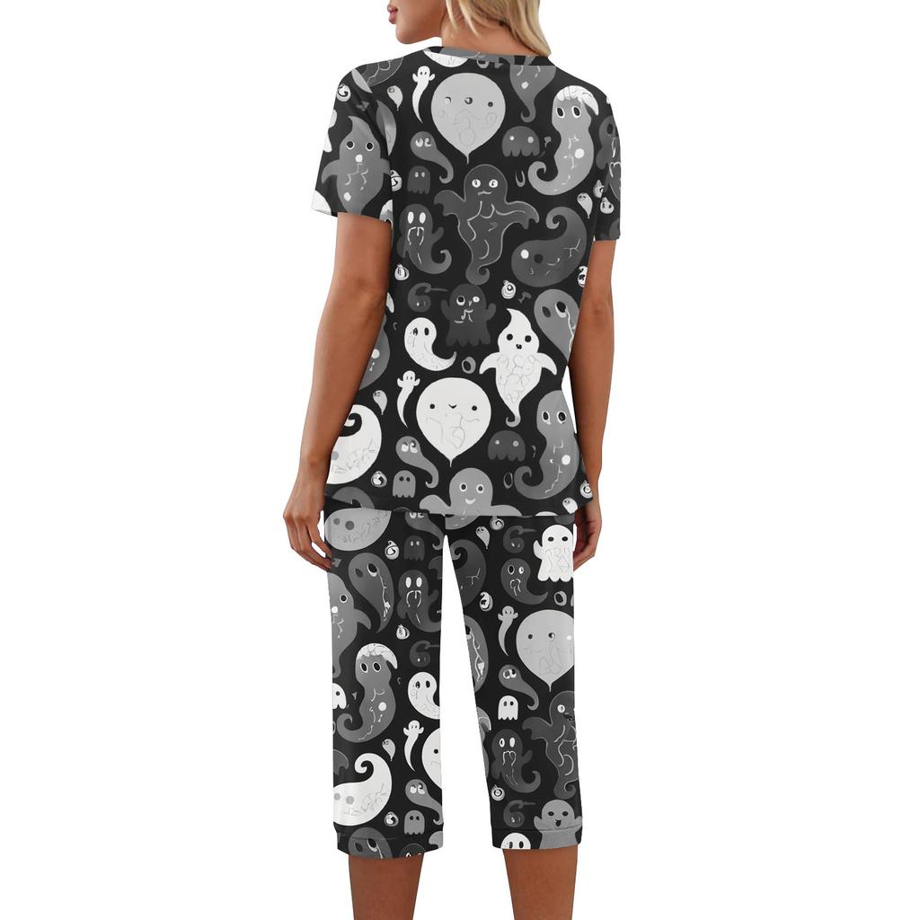 2 Piece Sets For Women Short Sleeve Top And Pants With Pockets Workout Soft Halloween Print Sets