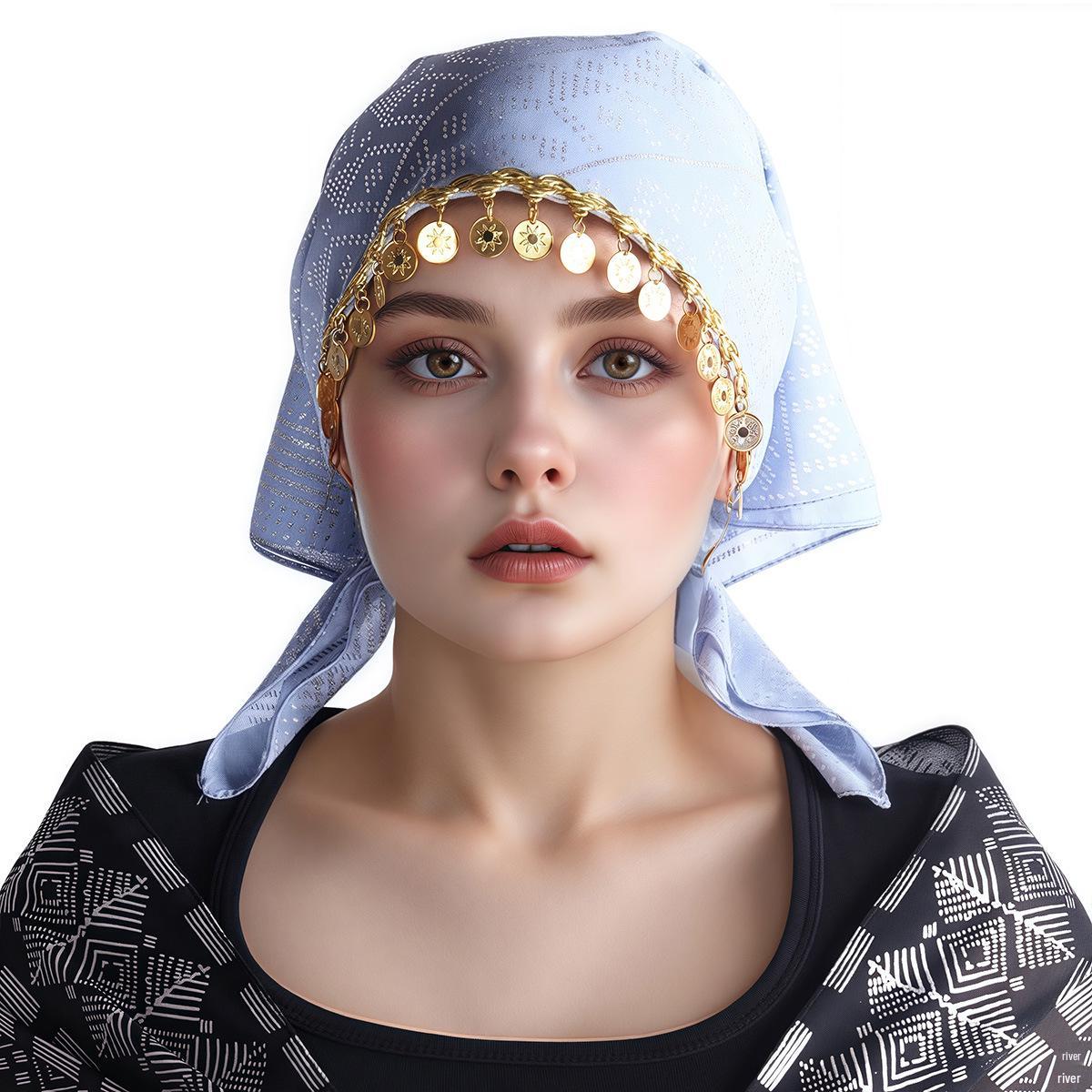 Retro Gold Geometric Double-Sided Headscarf with Sequins Design 100