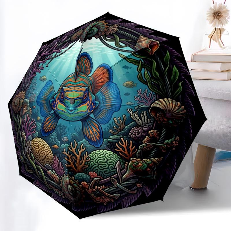Underwater Marine Life pattern umbrella, portable and foldable design, 8 ribs, a casual accessory for Halloween, Christmas, and birthday gifts.