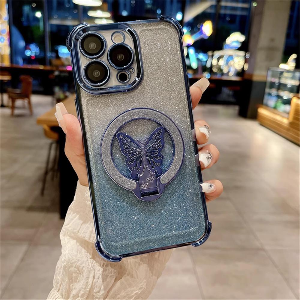 Shockproof Glitter Plating Butterfly Stand Case For OPPO A16 A16S A17 A15 A53 A5 A9 2020 A54S A53S 4G Soft Silicon Bracket Cover
