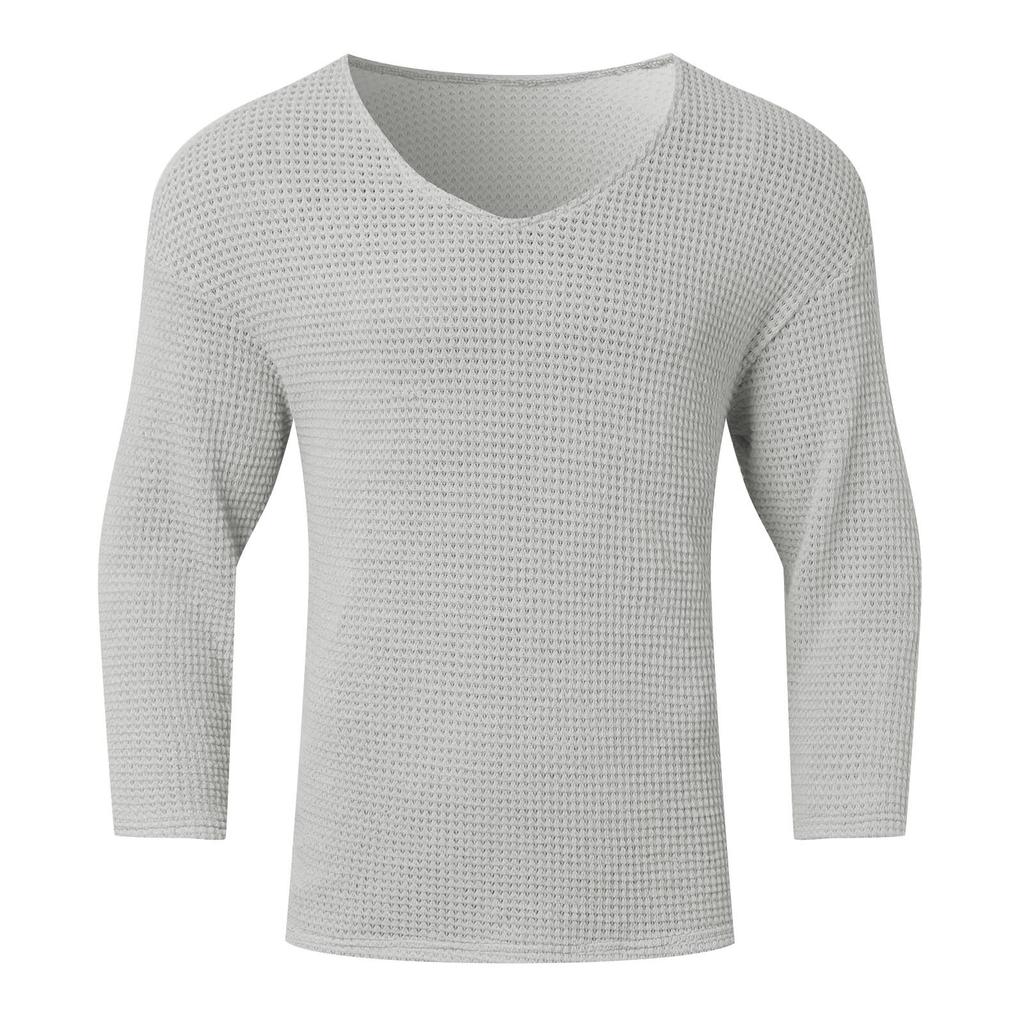 Spring Men's Fashion Knit T-Shirt Solid Color V-Neck Long Sleeve Leisure Streetwear Popular Hollow Out Loose Tees