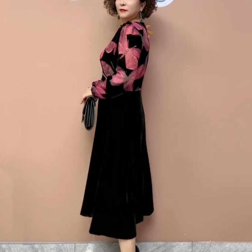 Women's Plus Size Dress Velvet Patchwork Dress Autumn V-neck A-line Velvet Long Floral Dress