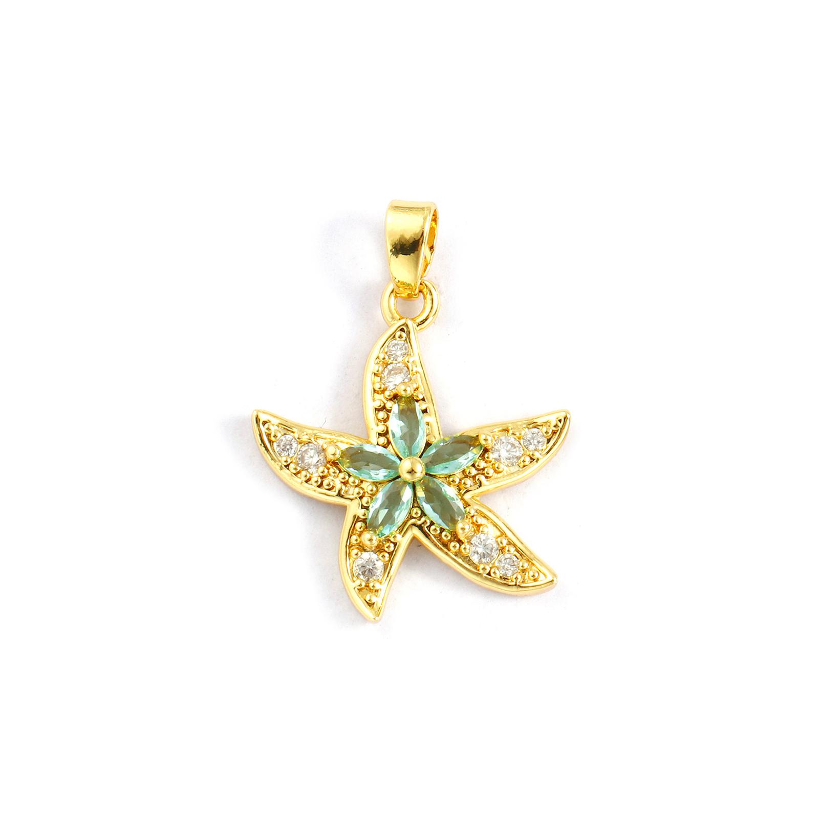 

Doreen Box 2pcs Brass Micro Pave Ocean Starfish Jewelry Charm Gold Plated Micro Pave Blue Rhinestone Pendant for Women 24mmX18mm
