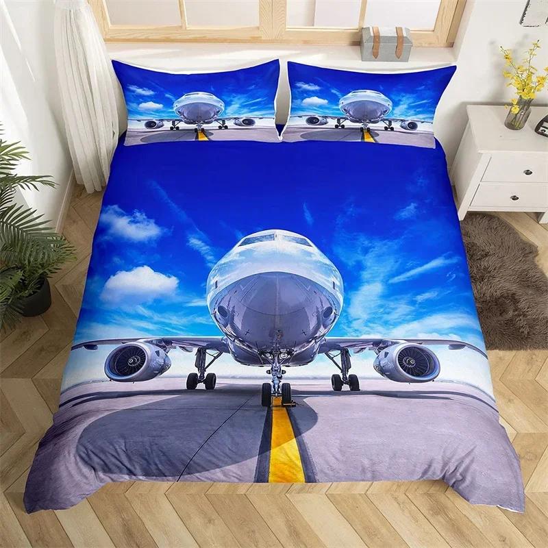 3D Airplane Duvet Cover King Aircraft Transportation Bedding Set Microfiber Globe Comforter Cover Helicopter Decor Quilt Cover