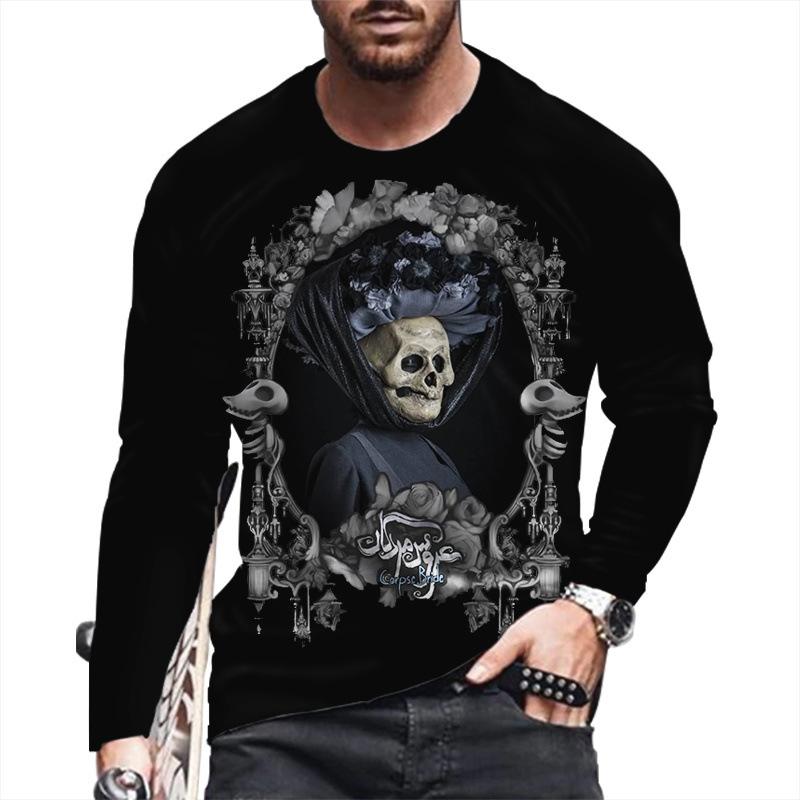 Autumn Winter Men's Christmas Pullover Long Sleeve Top Loose Fit Spring Skeleton Youth Men Round Neck Casual T-shirt