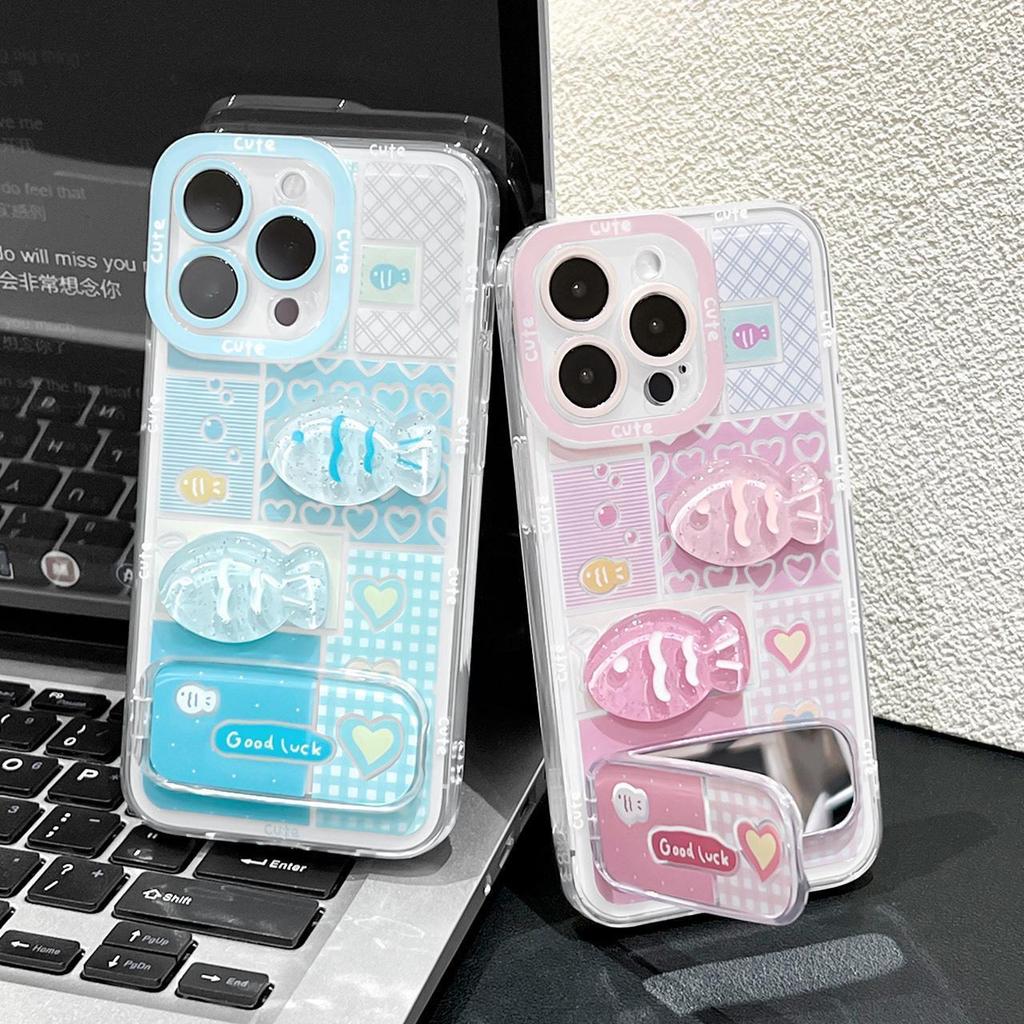 Three dimensional Cute Little Fish Suitable for Apple 16promax Phone Case Mirror Stand Iphone15 Full Package Protective Case