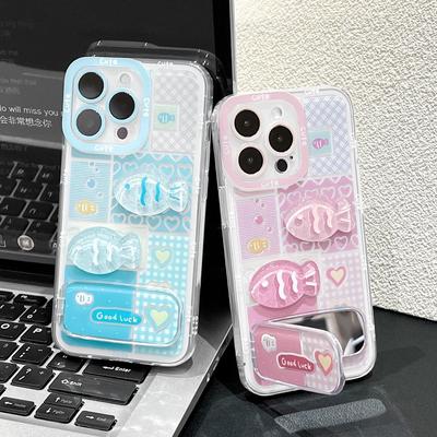 Three Dimensional Cute Little Fish  Suitable for Apple 16promax Phone Case Mirror Stand Iphone15 Full Package Protective Case