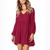 Fashion Women Long Sleeve V-Neck Draped Flowy Swing Dress