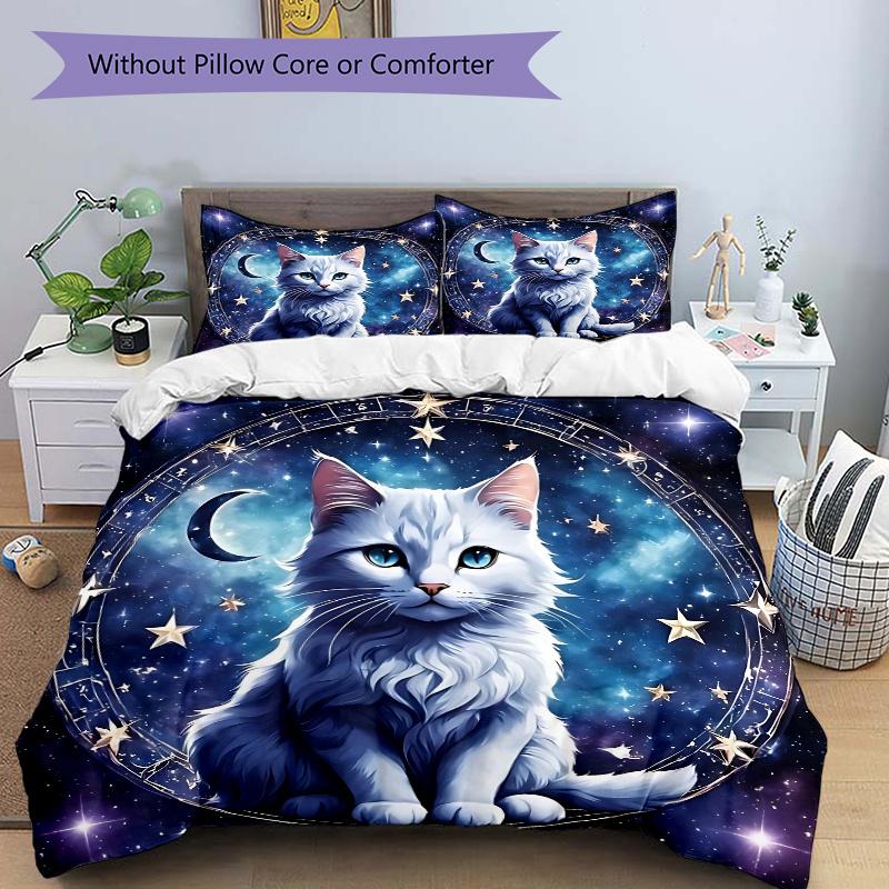 

3pcs Starry Cat Design Bedding Set - Includes Quilt Cover and Pillowcases, Suitable for All Seasons, Machine Washable - Ideal Gift for Famil 135cm*200cm
