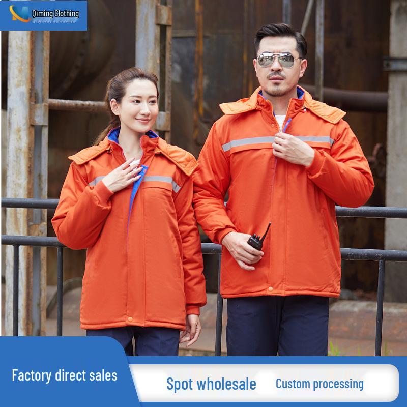 Autumn/Winter Reflective Hooded Cotton Work Jacket - Windproof, Cold-Resistant, for Auto Repair and Cold Storage.