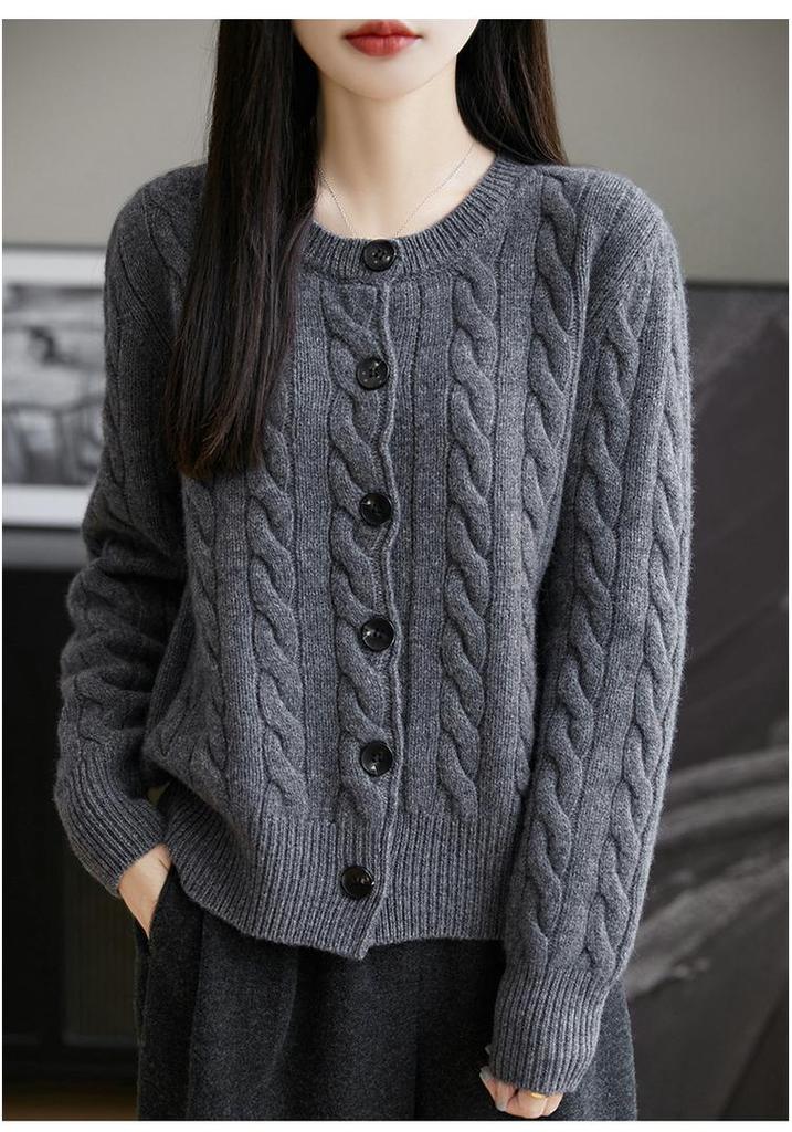 Women's Thickened Round Neck Cable Knit Cardigan - 100% Mercerized Wool, Autumn/Winter, Loose Fit