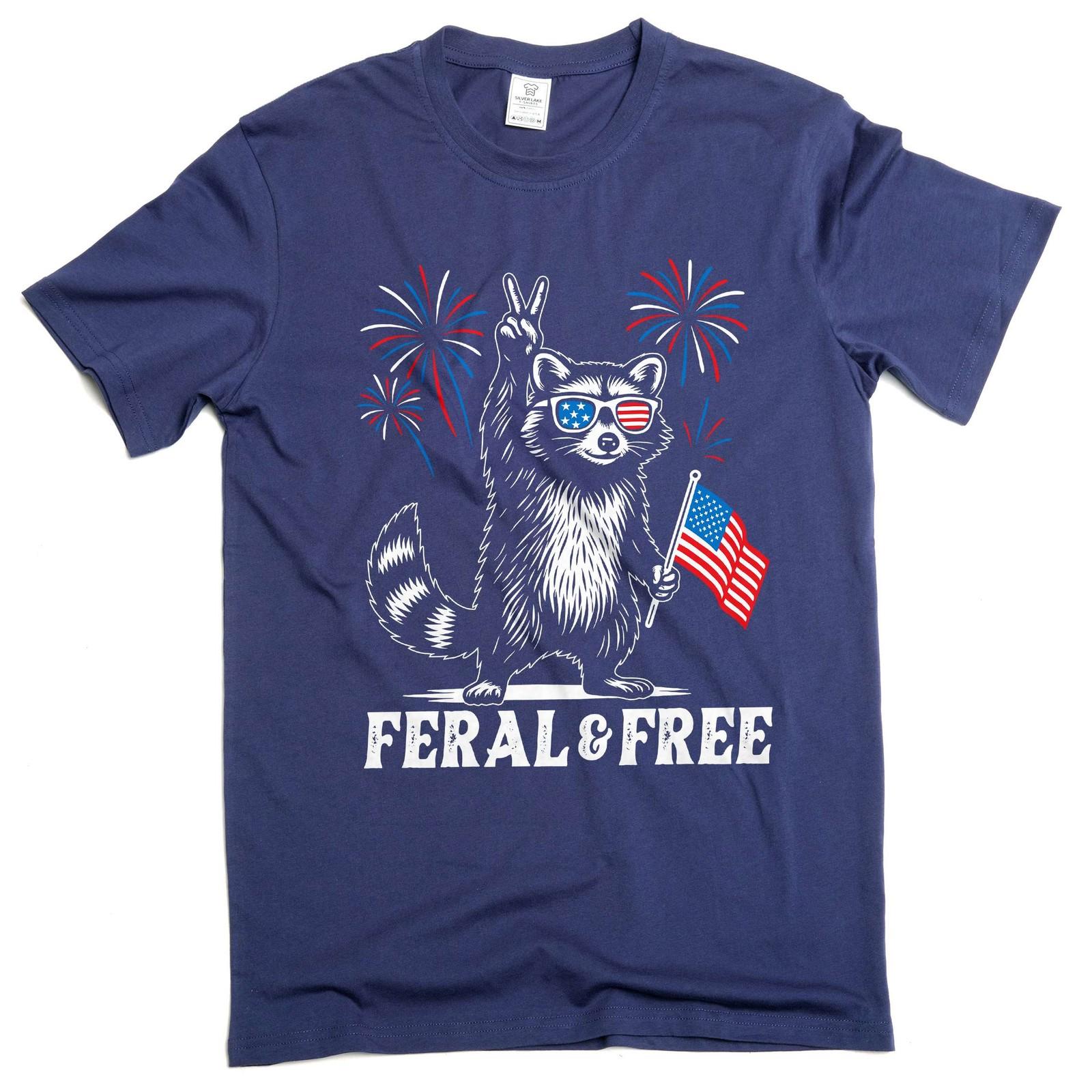 4th of July funny racoon feral and free tshirt free patriotic USA flag funny tee 3XL