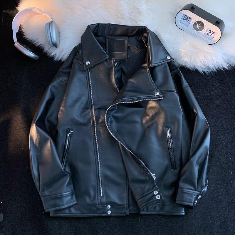 Men's Trendy European and American Street Fashion Loose PU Leather Motorcycle Jacket