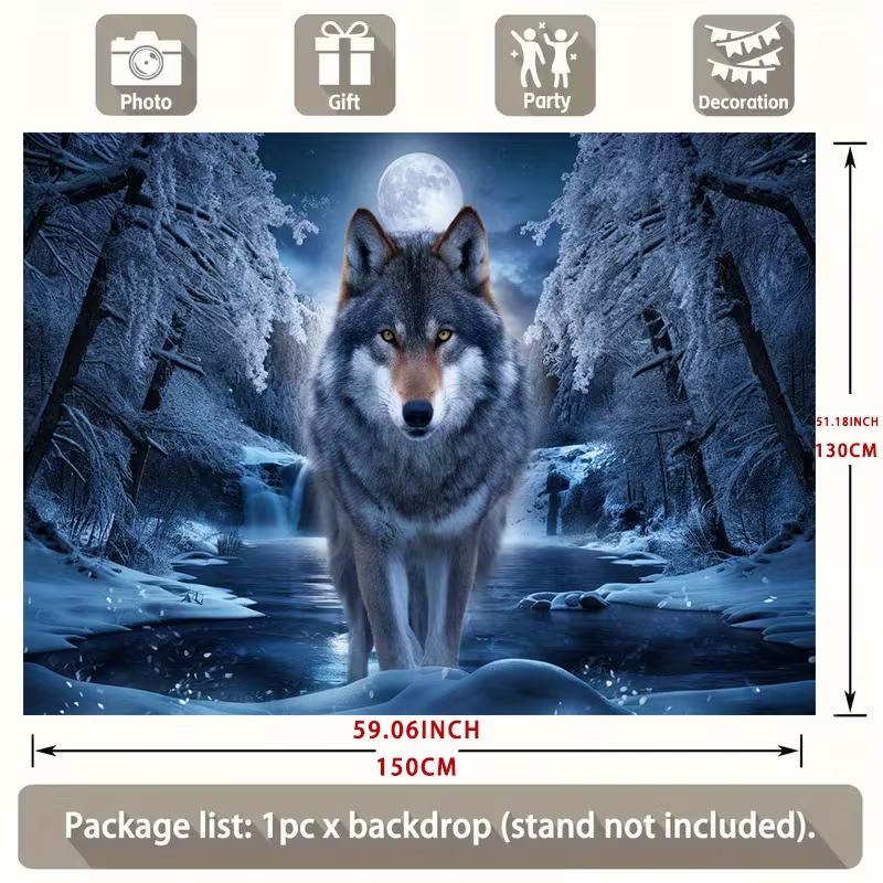 2D Winter Grey Wolf Backdrop Moonlit Snow Forest Waterfall Nature Photography Background