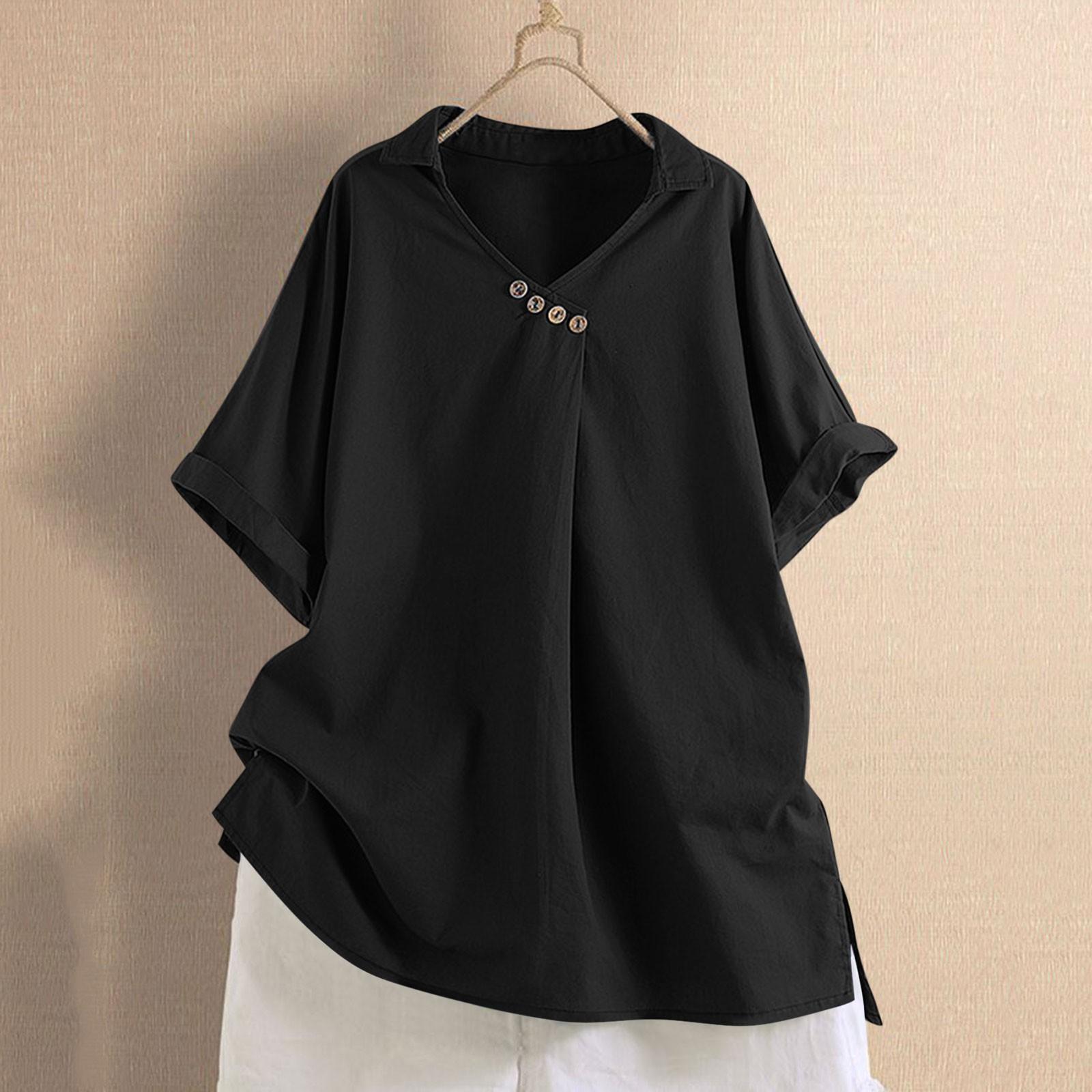 

Женская рубашка из хлопка и льна, однотонная, с коротким рукавом, V-образным вырезом и пуговицами, свободная рубашка S чёрный
