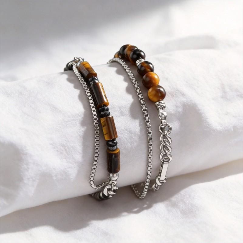 Stainless Steel Irregular Bead Bracelet With Tigers Eye Stone Geometric Design Unisex Fashion Jewelry