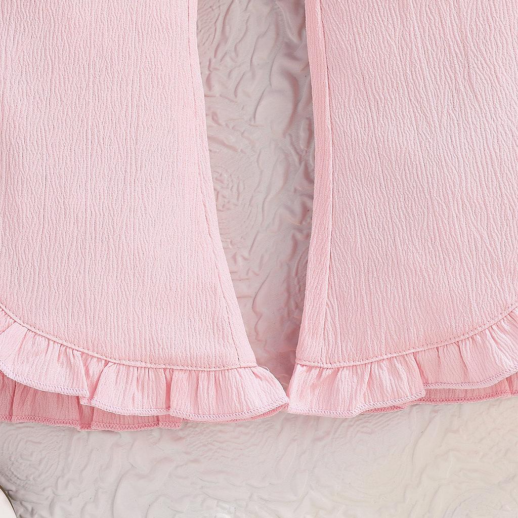 Summer New Style Asymmetrical Shoulder Strap Floral Top + Solid Color Lace Flared Pants Two-Piece Set Children's Clothing