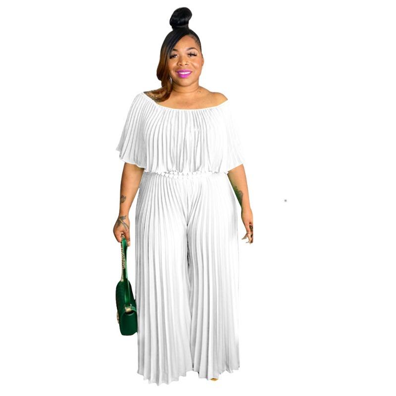 Plus Size White Off Shoulder Pleated Ruffle High Waist Wide Leg Jumpsuit L белый