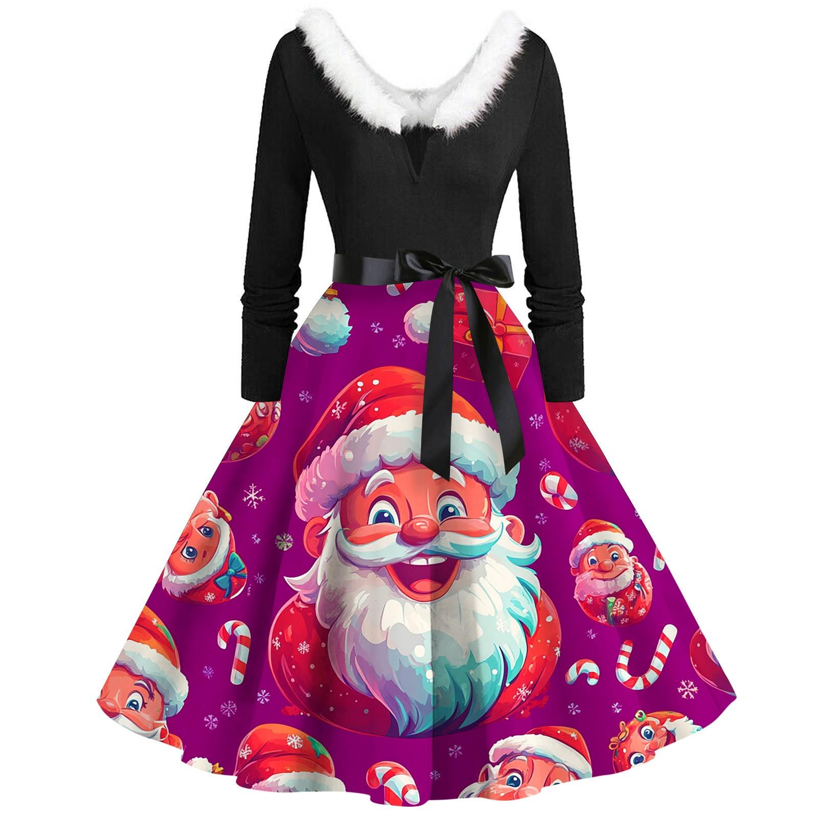 

Женские рождественские принты с длинным рукавом и V-образным вырезом больших размеров вечерние выпускные платья L