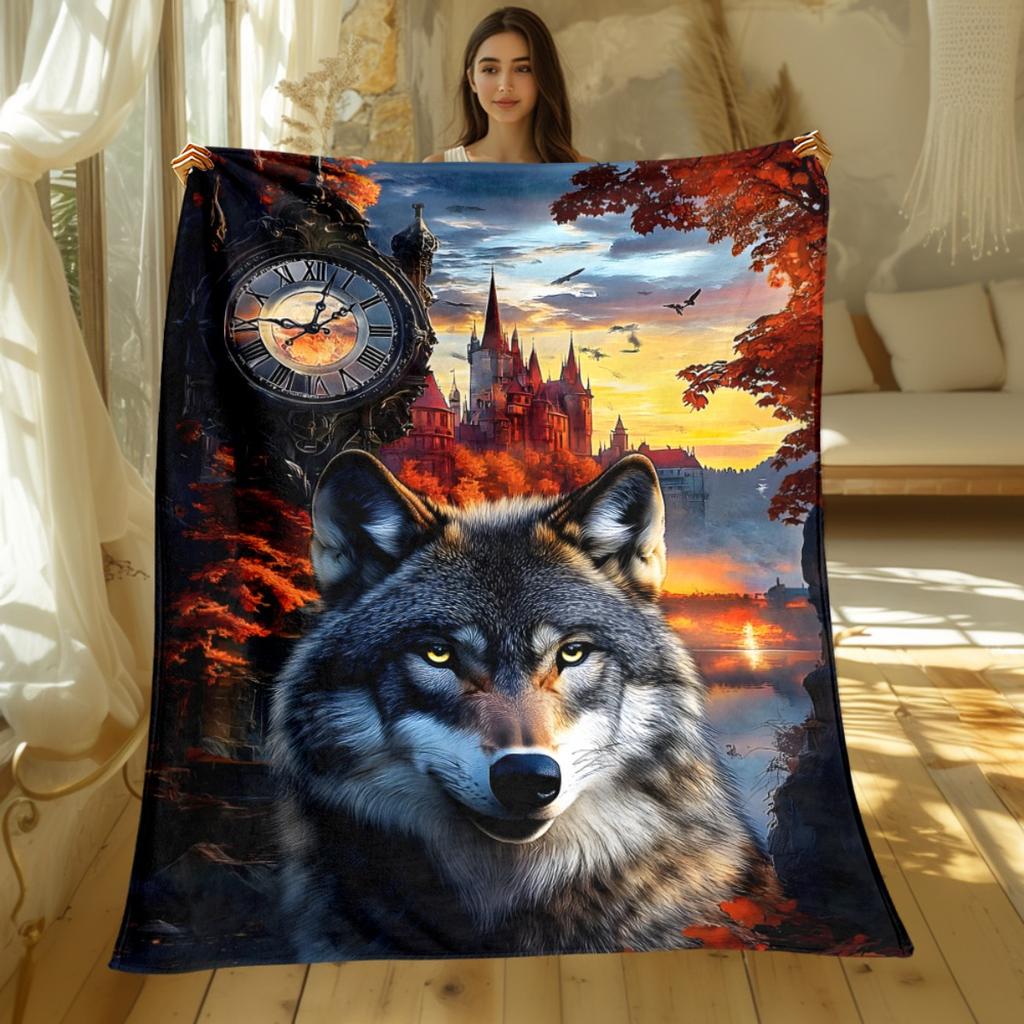 Wolf Castle Sunset Clock Fantasy Landscape Flannel Blanket Gothic Art Throw Blanket Halloween Decor Cozy Bed Cover MythicalTheme