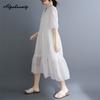 Plus Size Summer Women Cotton Dress V Neck Embroidery Hollow Out Sweet Dress Casual Loose Midi White Elegant Dress