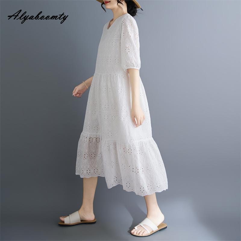 Plus Size Summer Women Cotton Dress V Neck Embroidery Hollow Out Sweet Dress Casual Loose Midi White Elegant Dress