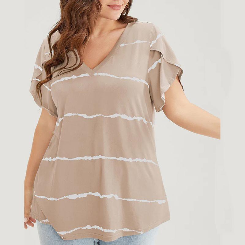 Dámské letní tričko s krátkým rukávem a V-výstřihem, pruhovaným potiskem, volné, s volánkovými krátkými rukávy, ležérní, prodyšné, pohodlné, na práci, dovolenou, plus size top(XL~5XL)