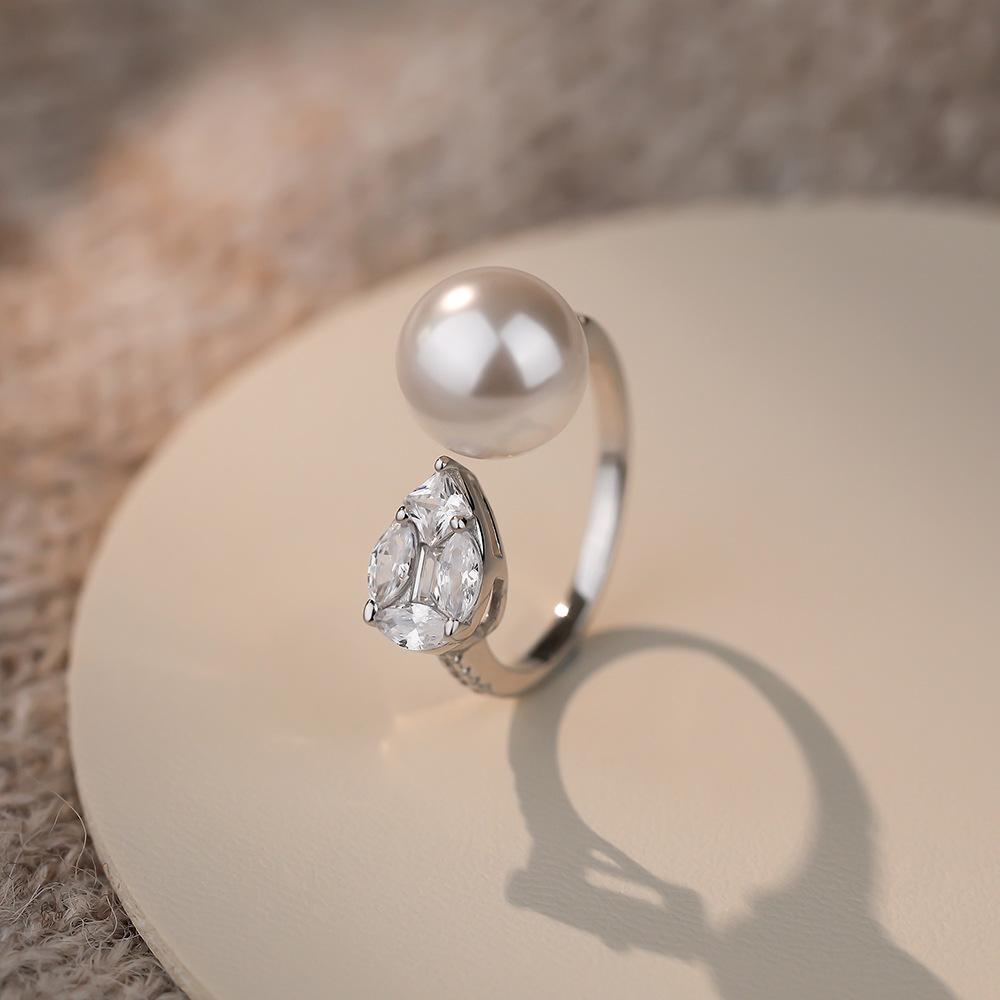 French Retro Pearl Zircon 999 Sterling Silver Adjustable Ring for Women Temperament Wedding Party Jewelry Accessories