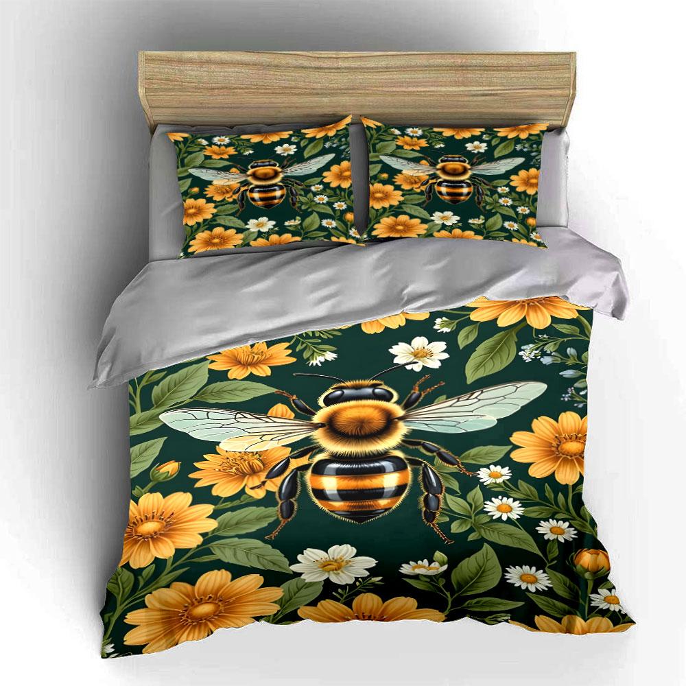Bee and Yellow Flower Pattern Bedding Duvet Cover Set (1*Duvet Cover 2*Pillowcases, without duvet insert)